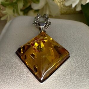 Vintage Handmade Baltic Amber Unique Cut Large Sterling Silver 925 Pendant